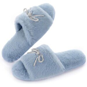 Women's Fuzzy Light Blue  Rhinestone Bow knot Open Toe Slides Slippers Shoes